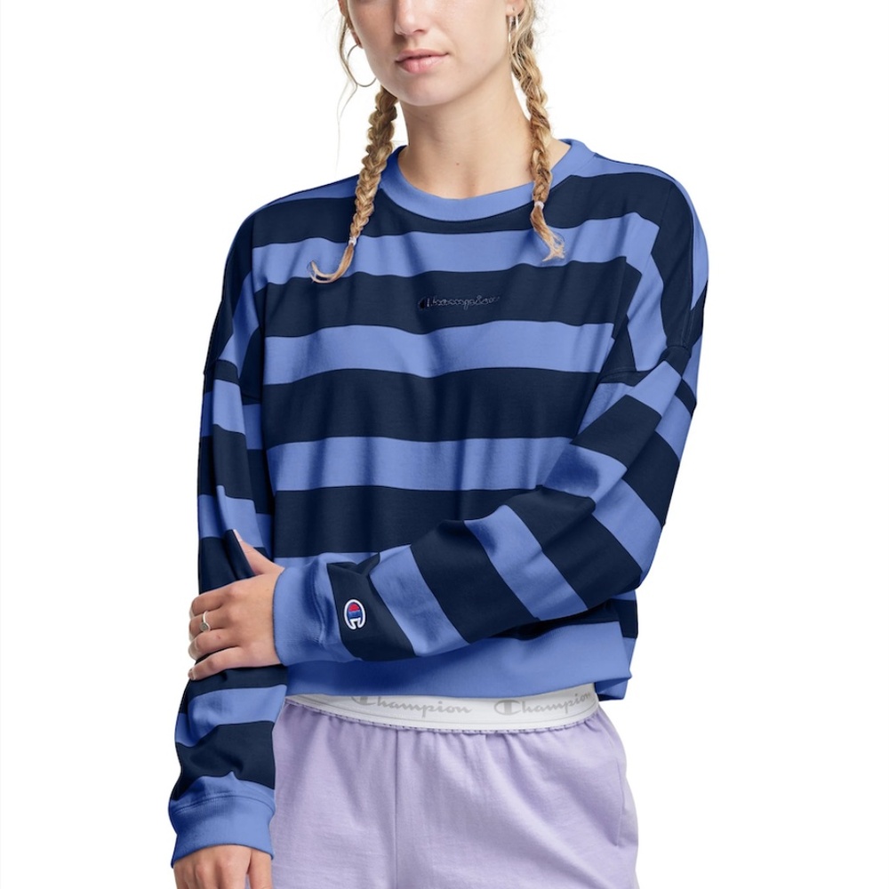 Champion Women's Blue/Navy Striped Crop Long Sleeve Crewneck Pullover size Large